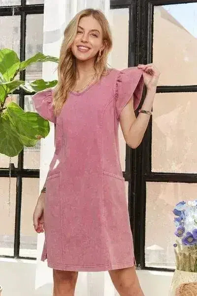 ADORA Mineral Washed V-Neck Ruffled Cap Sleeve Dress - Femstylo