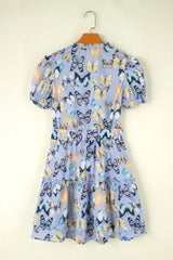 Purple Butterfly Print Short Puff Sleeve Pleated Ruffle Dress - Femstylo