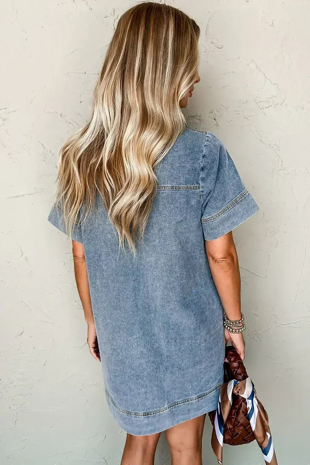 Beau Blue Short Sleeve Collared Chest Pocket Denim Mini Dress - Femstylo