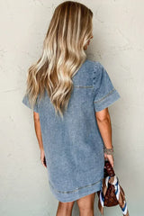 Beau Blue Short Sleeve Collared Chest Pocket Denim Mini Dress - Femstylo
