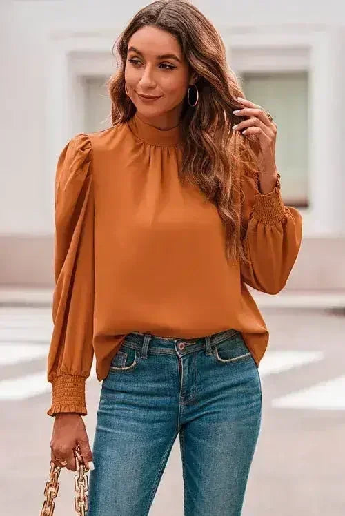 Orange Chiffon Blouse - Bubble Sleeves & Mock Neck | Femstylo - Femstylo