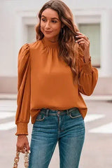 Orange Chiffon Blouse - Bubble Sleeves & Mock Neck | Femstylo - Femstylo