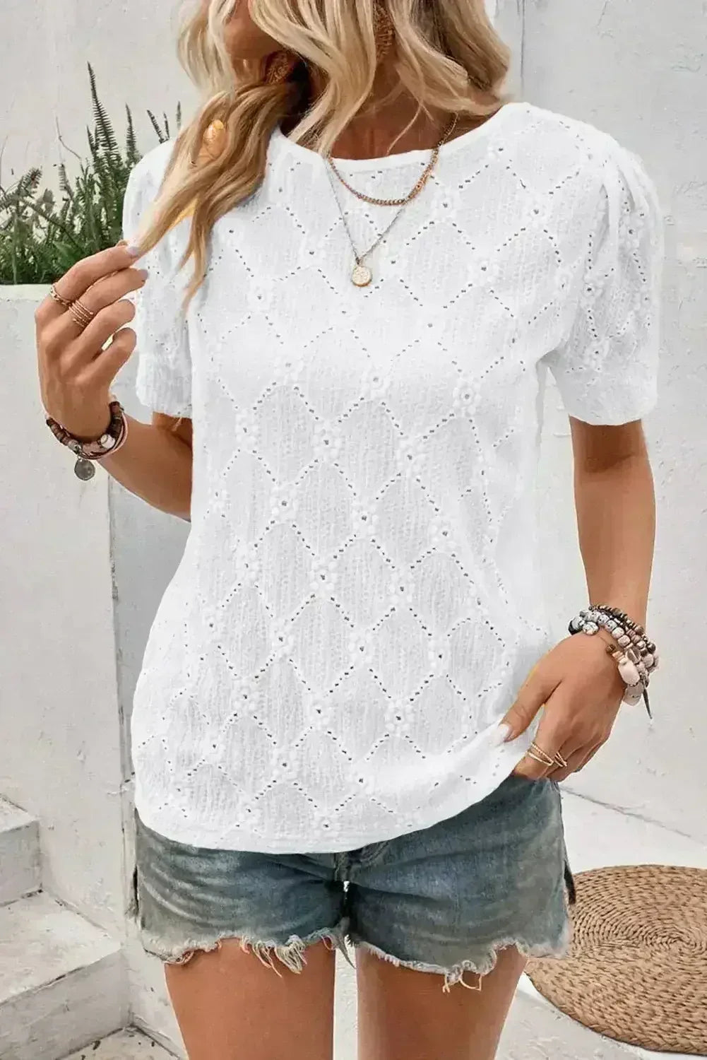 White Embroidered Floral Geometric Button Short Sleeve Top | Femstylo - Femstylo