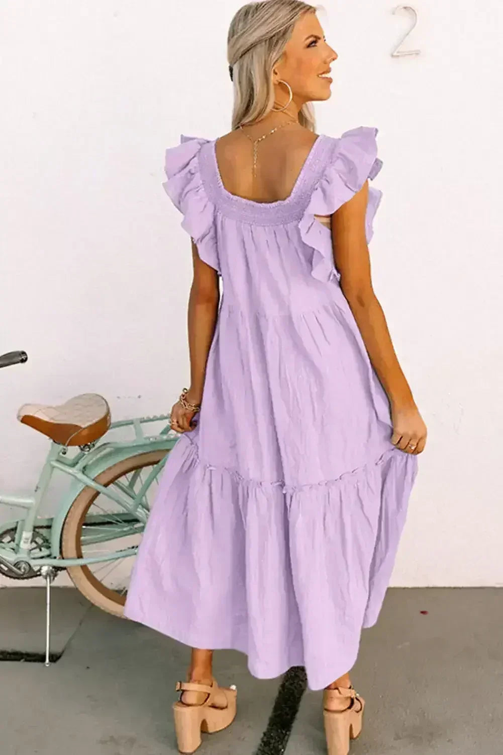 Purple Ruffled Flutter Sleeve Square Neck Textured Tiered Maxi Dress - Femstylo