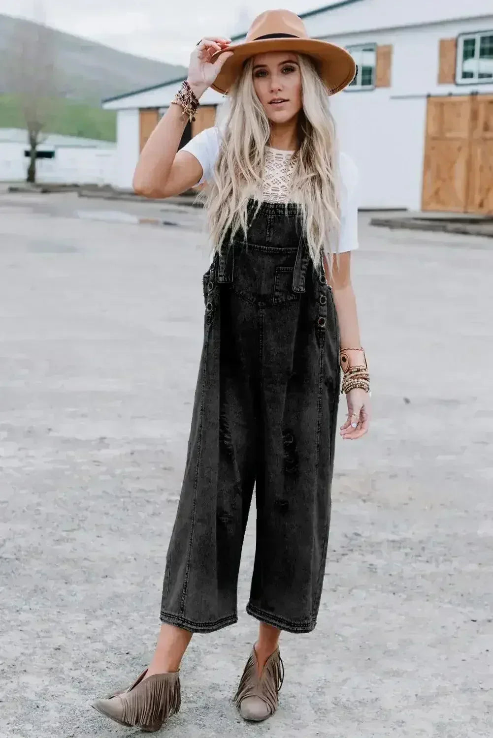 Stone Blue Distressed Bib Pocket Wide Leg Denim Overall - Femstylo