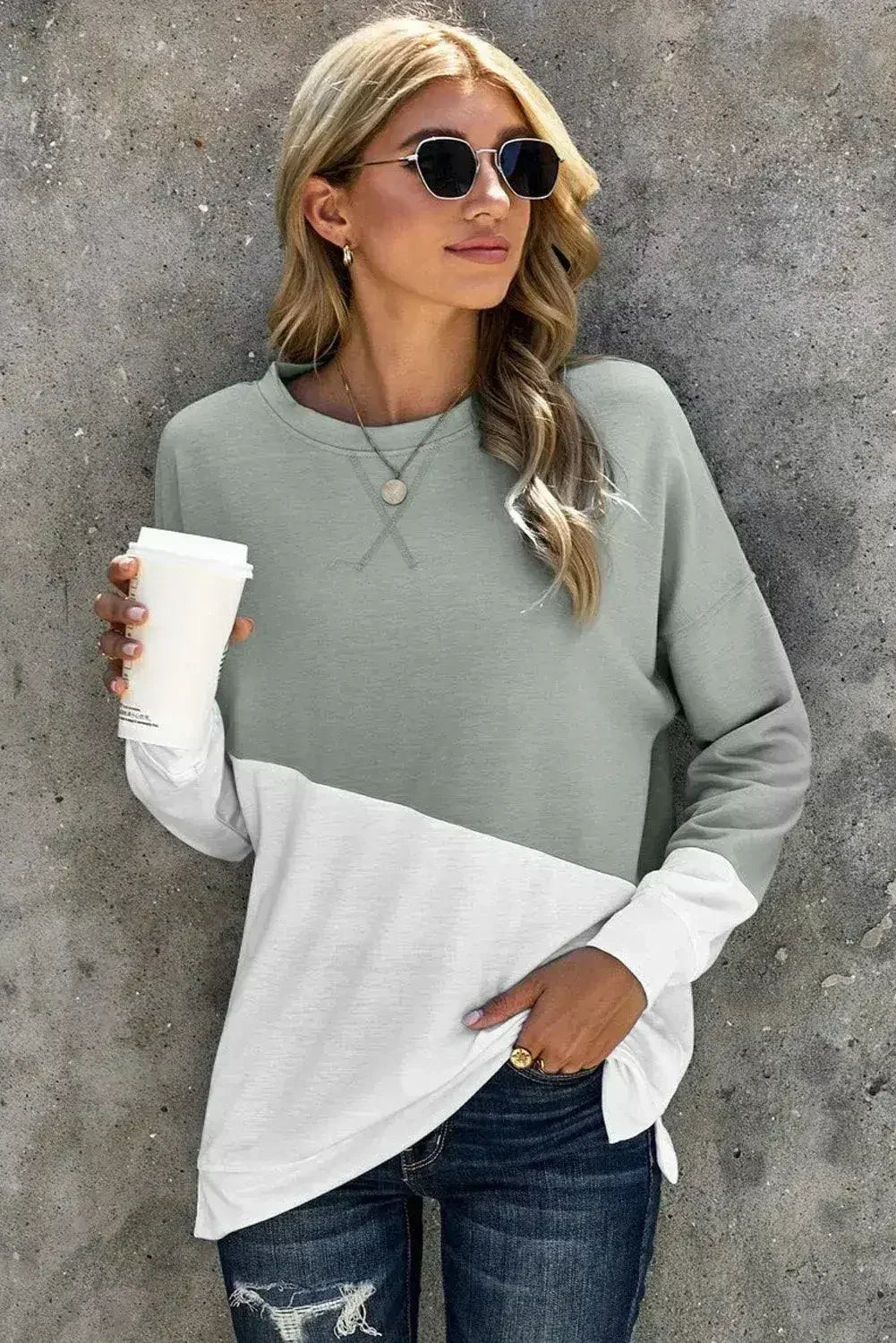 Gray White Patchwork Dropped Shoulder Sleeve Sweatshirt - Femstylo