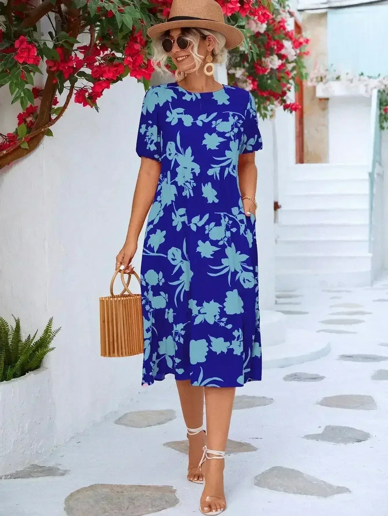 Floral Puff Sleeve Ruffle Hem Midi Dress - Femstylo