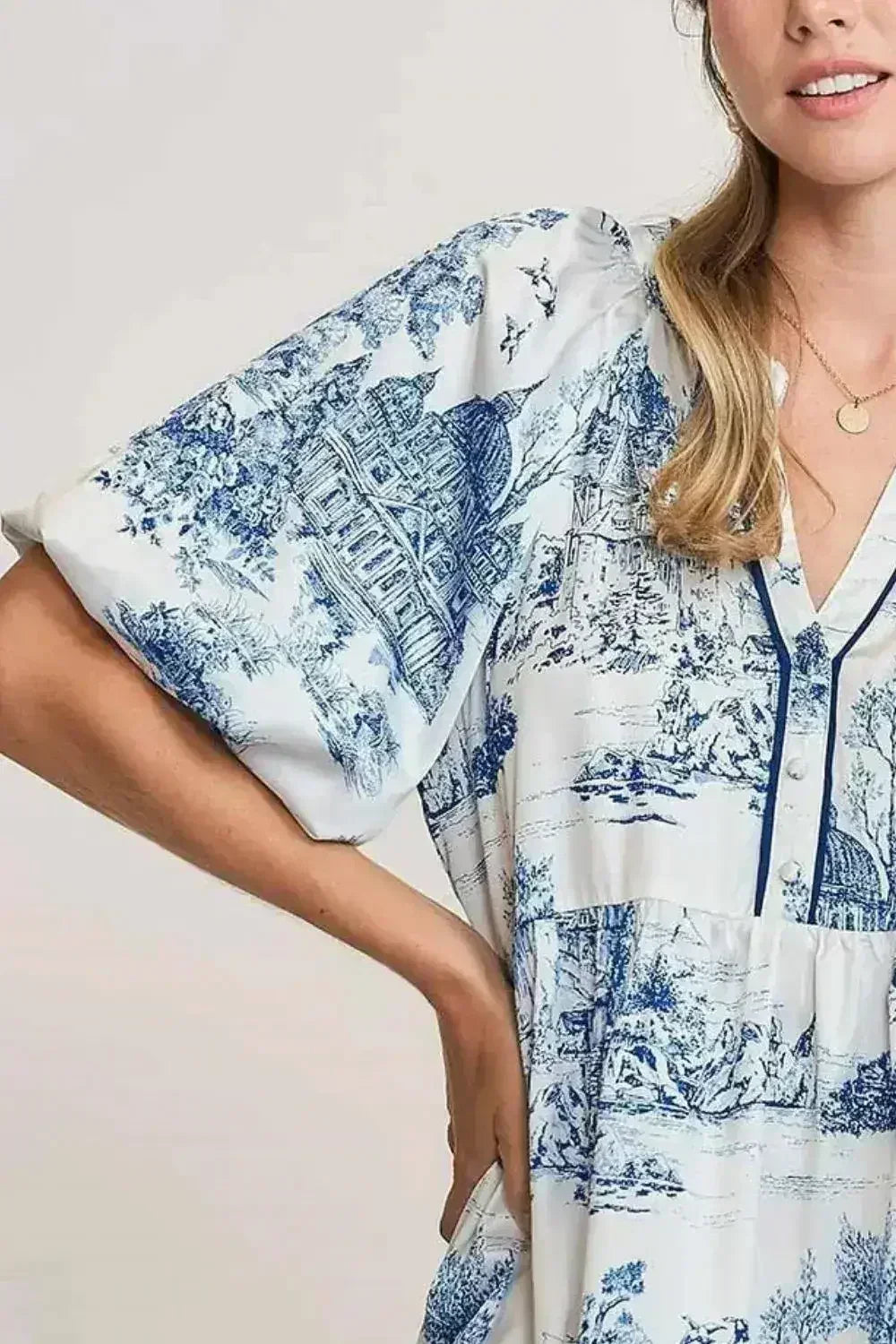 Umgee Full Size Two Tone Landscape Print Dress Plus Size - Femstylo