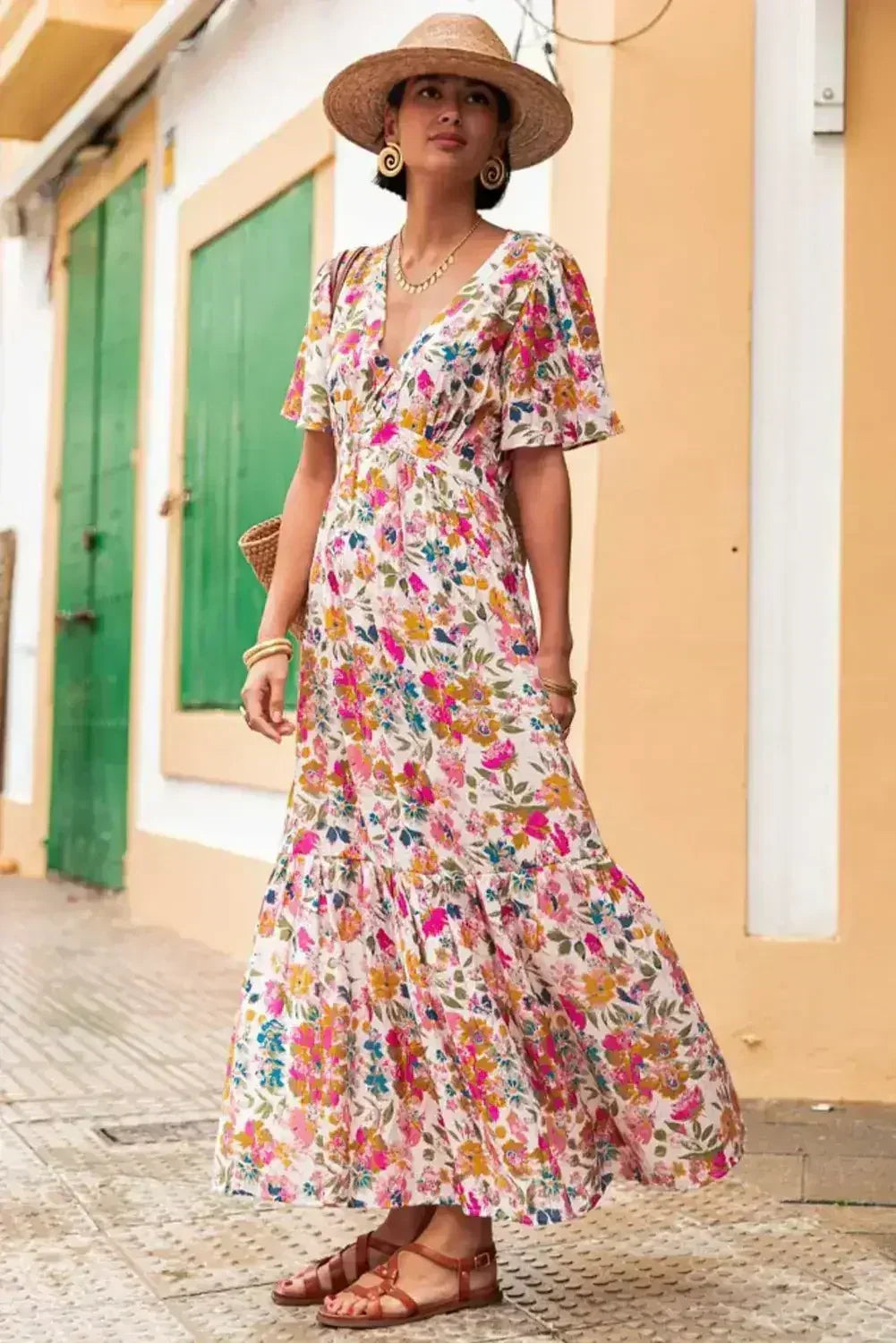 Red Floral Short Sleeve V Neck High Waist Maxi Dress - Femstylo