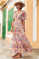 Red Floral Short Sleeve V Neck High Waist Maxi Dress - Femstylo