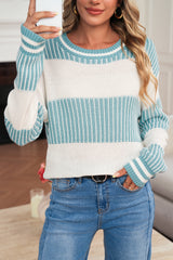 Light Blue Two Tone Striped Patchwork Drop Shoulder Sweater