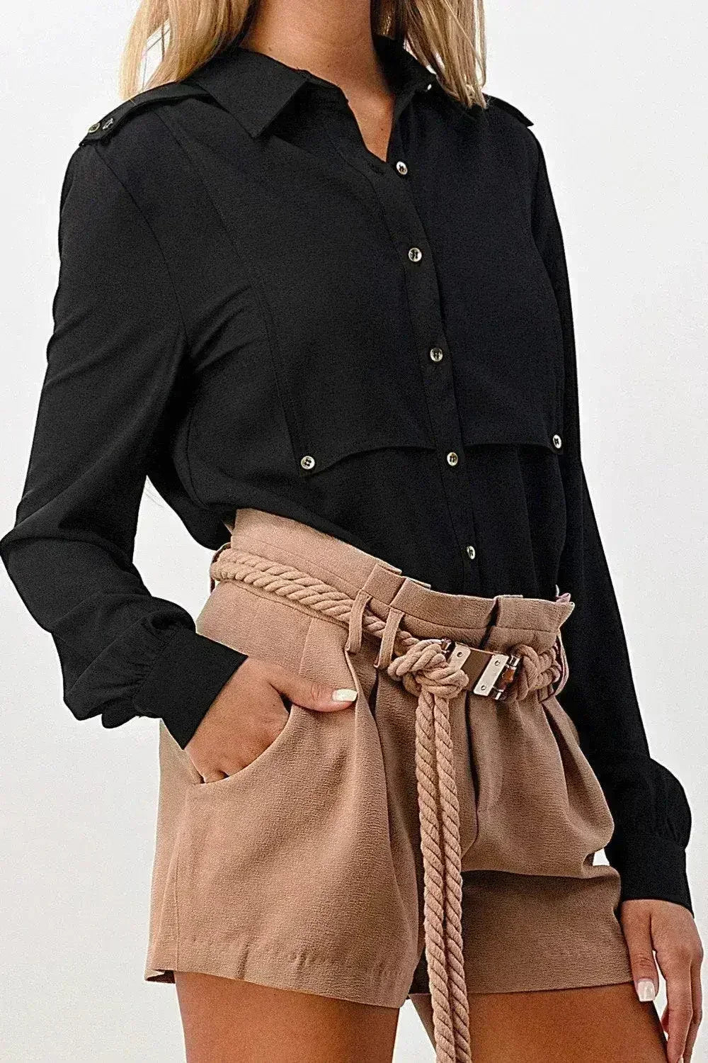Long Sleeve Button-Down Blouse with Gold Button Accents - Femstylo