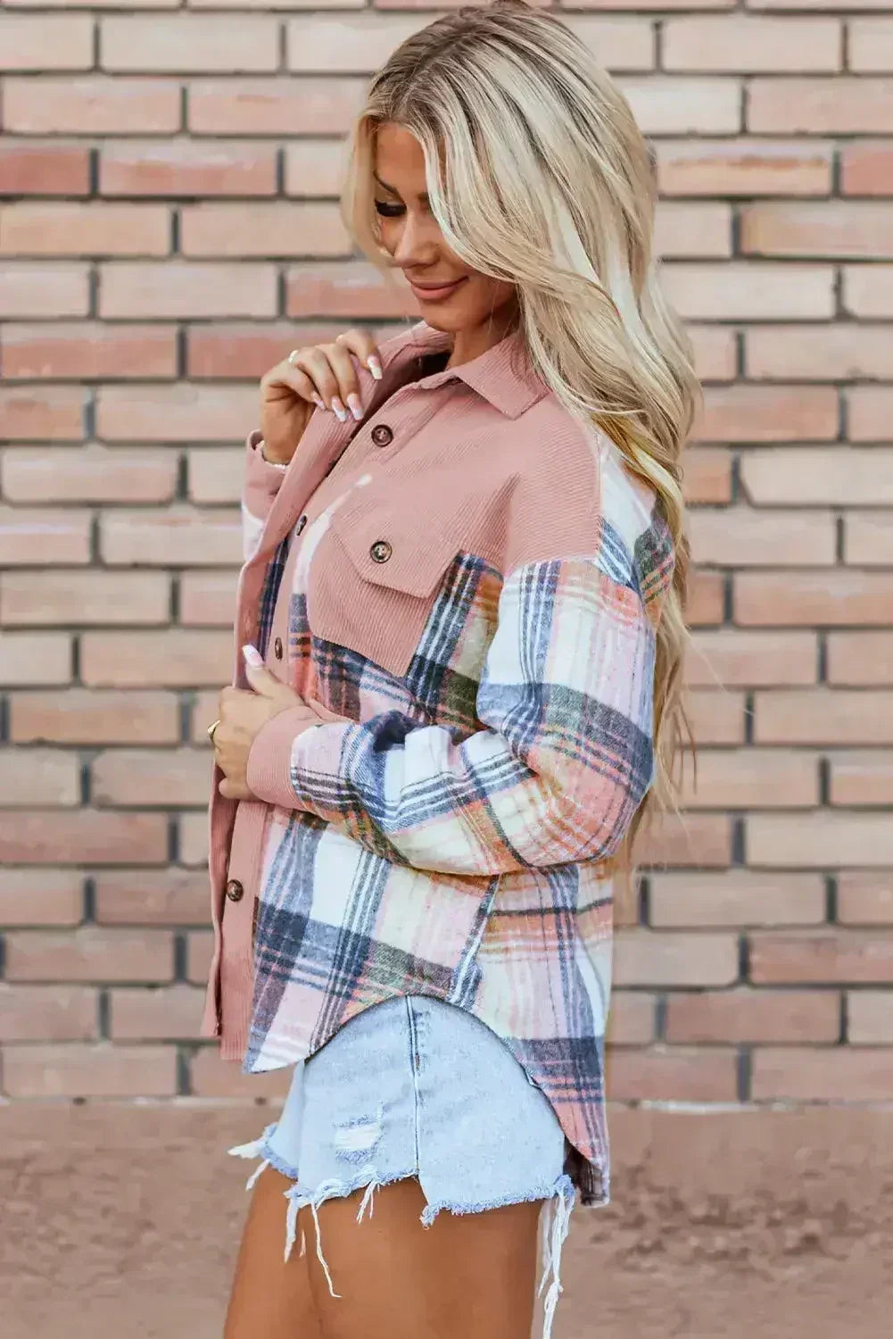 Cinnamon Plaid Corduroy Patchwork Chest Pocket Shacket - Femstylo