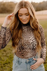 Brown Allover Leopard Print Smocked Neck Mesh Bodysuit - Femstylo