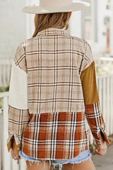 Plaid Color Block Patchwork Shirt Jacket with Pocket - Femstylo