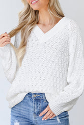 White Plain Knit Ribbed Edge V Neck Loose Sweater - Femstylo
