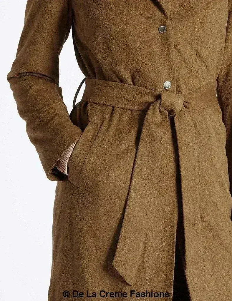 Ex Per Una - Womens Tan Brown Suedette Longline Duster Coat - Femstylo