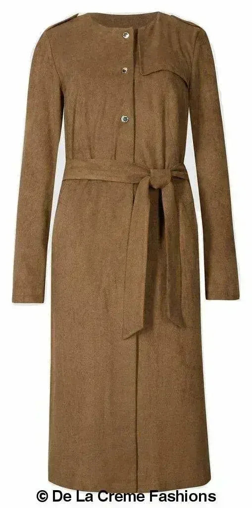 Ex Per Una - Womens Tan Brown Suedette Longline Duster Coat - Femstylo