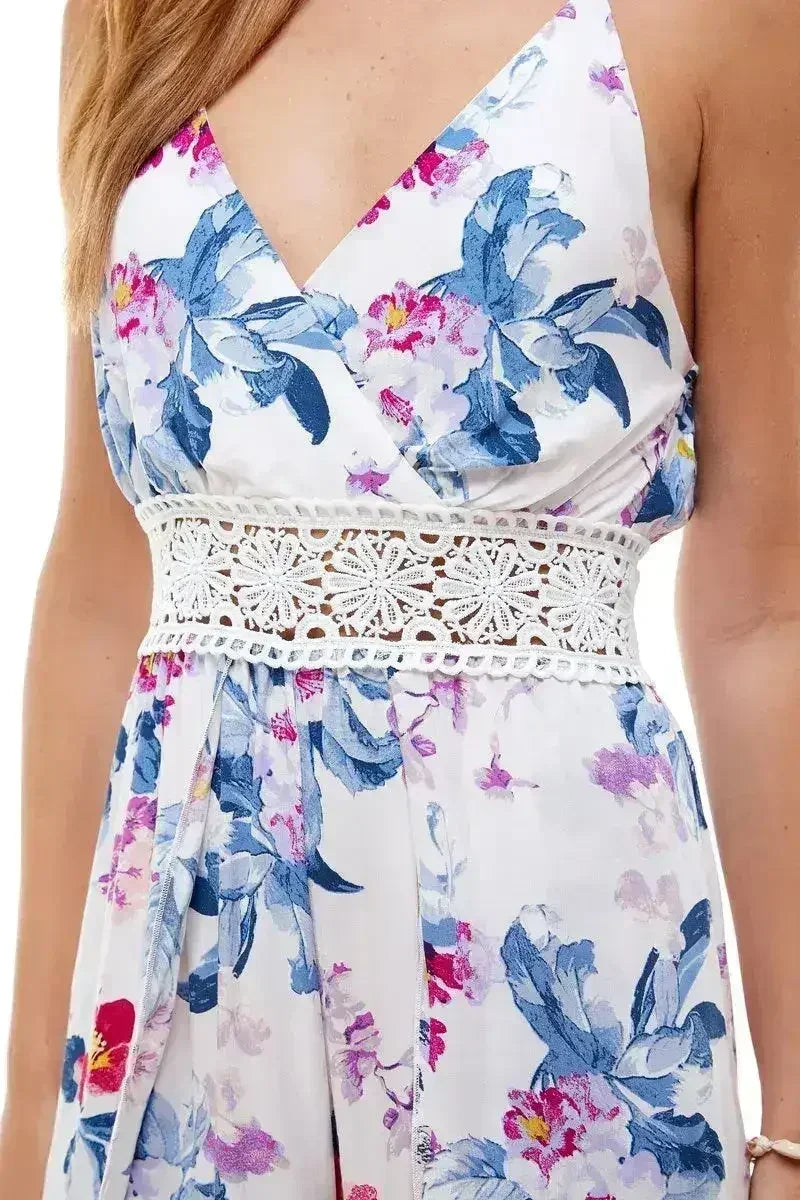 FLORAL & SOLID CROCHET TULIP LEG CAMI JUMPSUIT - Femstylo