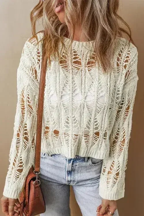 White Crochet Crew Neck Sweater - Loose Fit & High Elasticity | Femstylo - Femstylo