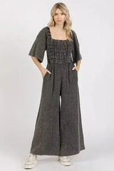 Mittoshop Mineral Wash Wide Leg Jumpsuit - Gauze Ruched Style - Femstylo
