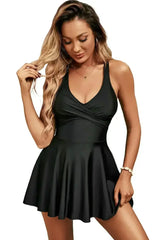 Black Criss Cross Straps Tie Back Flared One Piece Swimsuit - Femstylo