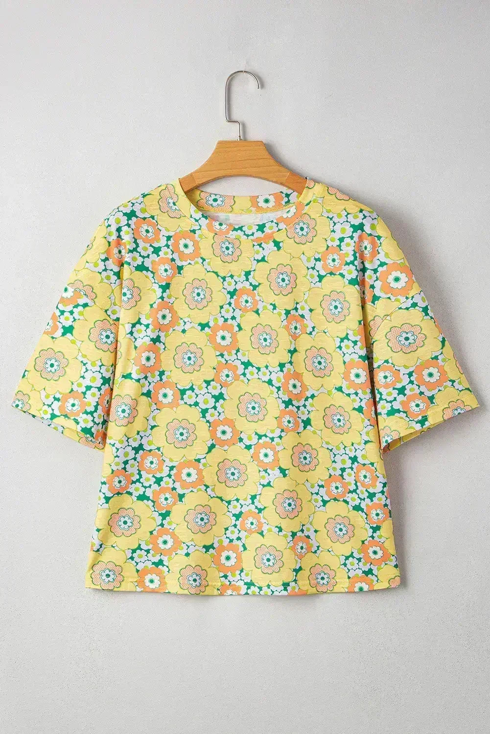 Yellow Summer Flower Print Drop Shoulder Loose T Shirt - Femstylo