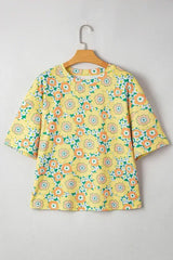 Yellow Summer Flower Print Drop Shoulder Loose T Shirt - Femstylo