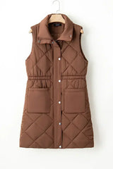 Coffee Puffer Quilted Stand Collar Pocketed Vest Coat - Femstylo