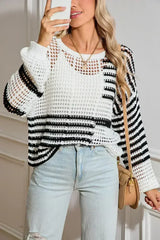 White Striped Lantern Sleeve Hollow Knitted Sweater - Femstylo