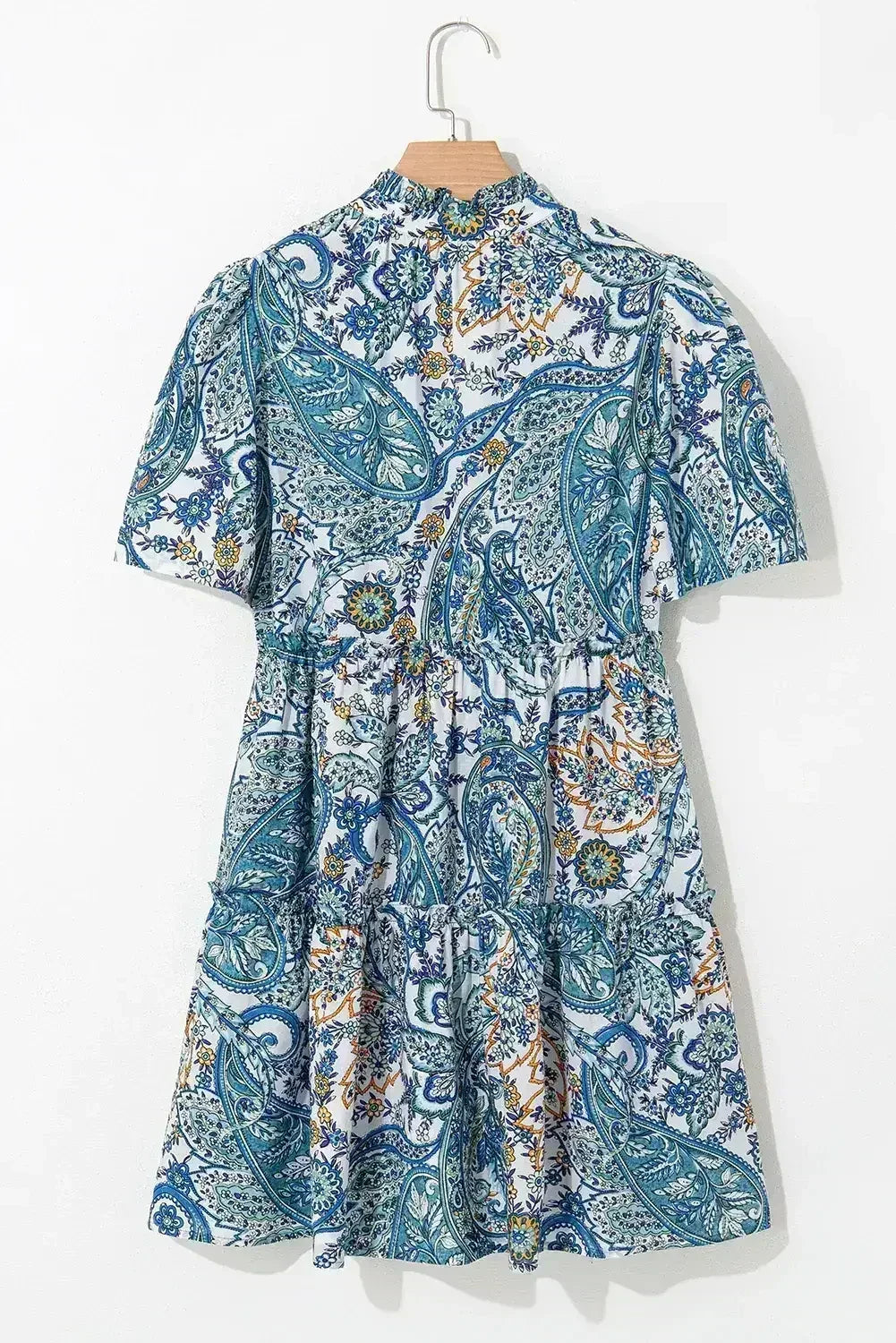 Blue Bohemian Paisley Floral V Neck Puff Sleeve Mini Dress - Femstylo