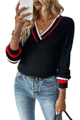 Black Contrast Striped Trim V Neck Drop Shoulder Sweater
