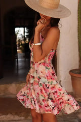 Pink Floral Sleeveless Halter Neck Shirred Back Ruffled Mini Dress - Femstylo