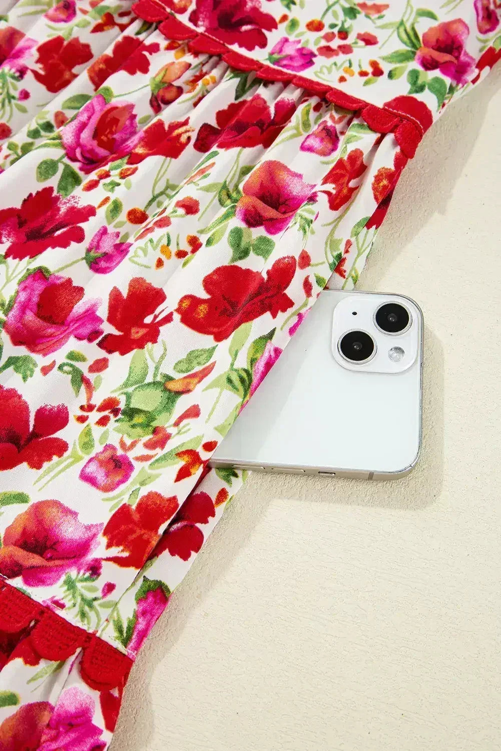 Red Floral Puff Sleeve Tiered Ric Rac Pocketed Mini Dress - Femstylo