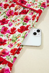 Red Floral Puff Sleeve Tiered Ric Rac Pocketed Mini Dress - Femstylo