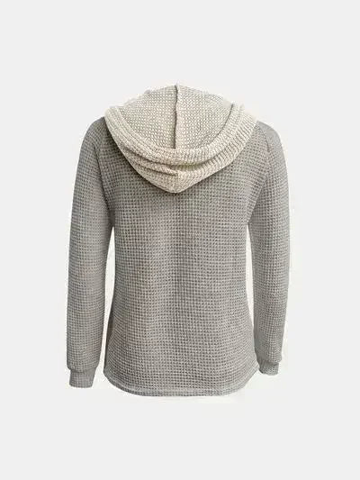 Full Size Waffle-Knit Contrast Long Sleeve Hoodie - Femstylo