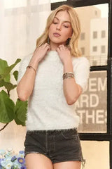ADORA Fuzzy Mock Neck Short Sleeve Sweater - Femstylo