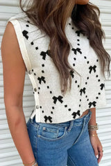 White Bow Pattern Buttoned Side Cropped Sweater Vest - Femstylo