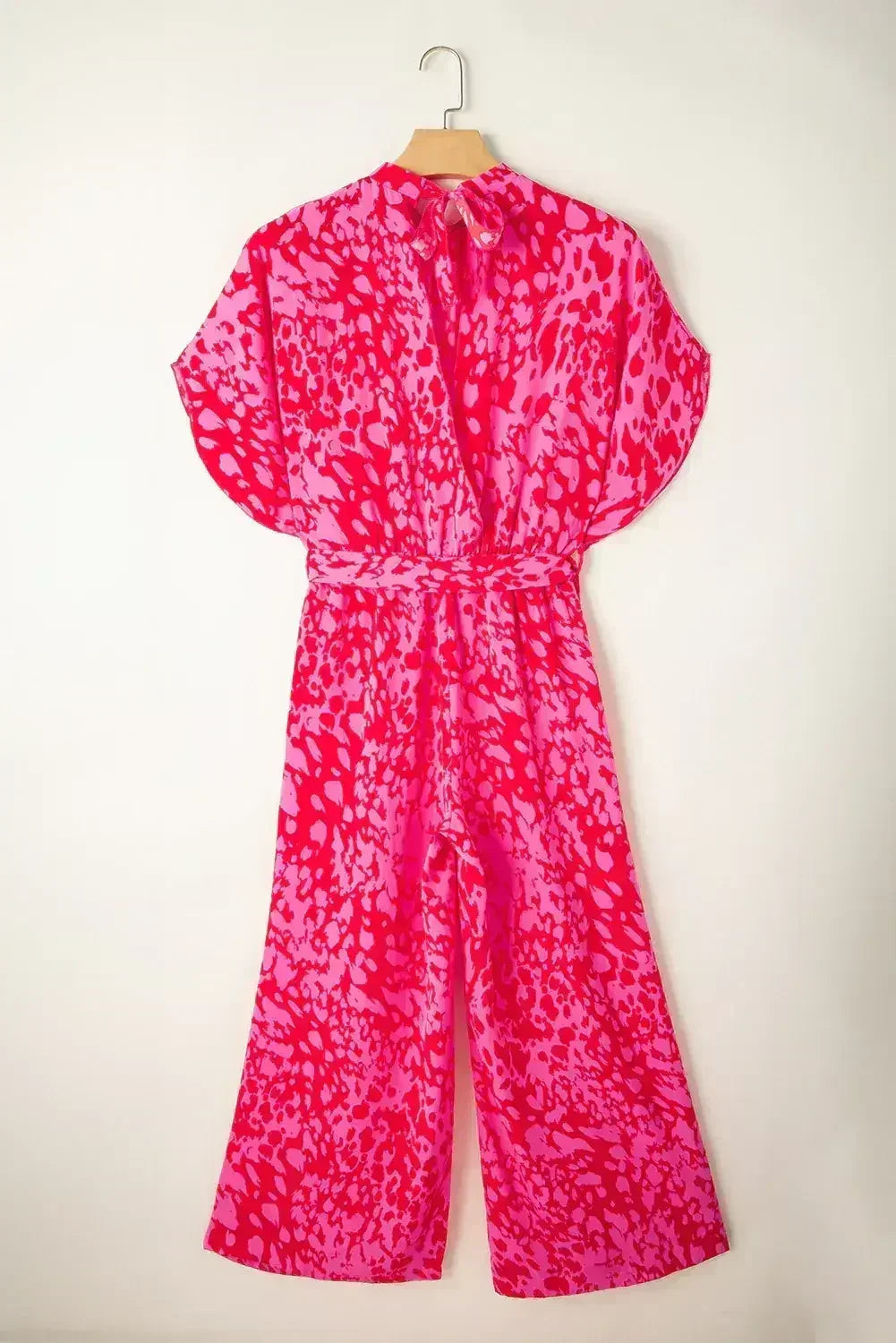 Rose Leopard Print Tulip Sleeve Belted Wide Leg Jumpsuit - Femstylo