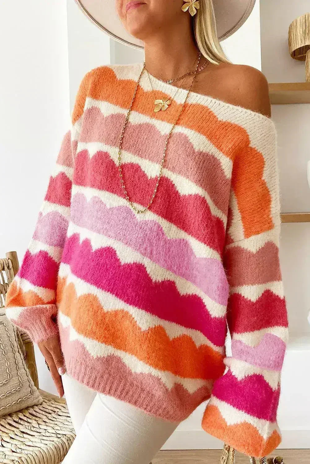 Yellow Wave Striped Balloon Sleeve Drop Shoulder Sweater - Femstylo