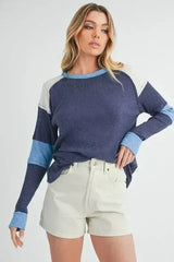 Aemi + Co Raw Seam Color Block Round Neck Knit Top - Femstylo