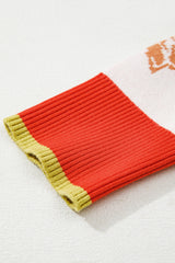 Khaki Ribbed Detail Floral Pattern Zip Collar Pullover Sweater