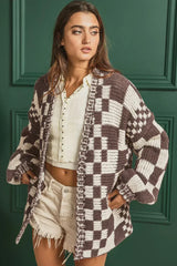 Taupe Colorblock Checked Open Front Knitted Cardigan