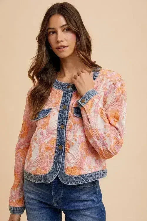 Floral Jacquard Denim Jacket - Contrast Button Down | Femstylo - Femstylo