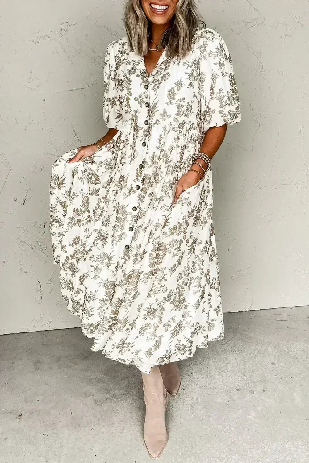 Khaki Floral Puff Sleeve V Neck Buttoned Front Maxi Dress - Femstylo