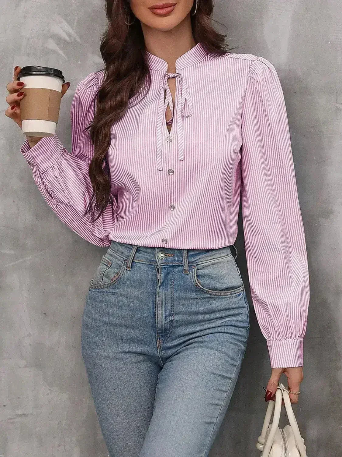 Striped Tie Neck Long Sleeve Blouse – Femstylo - Femstylo