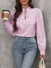 Striped Tie Neck Long Sleeve Blouse – Femstylo - Femstylo
