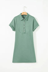 Bright Green Textured V Button Collared Mini Dress