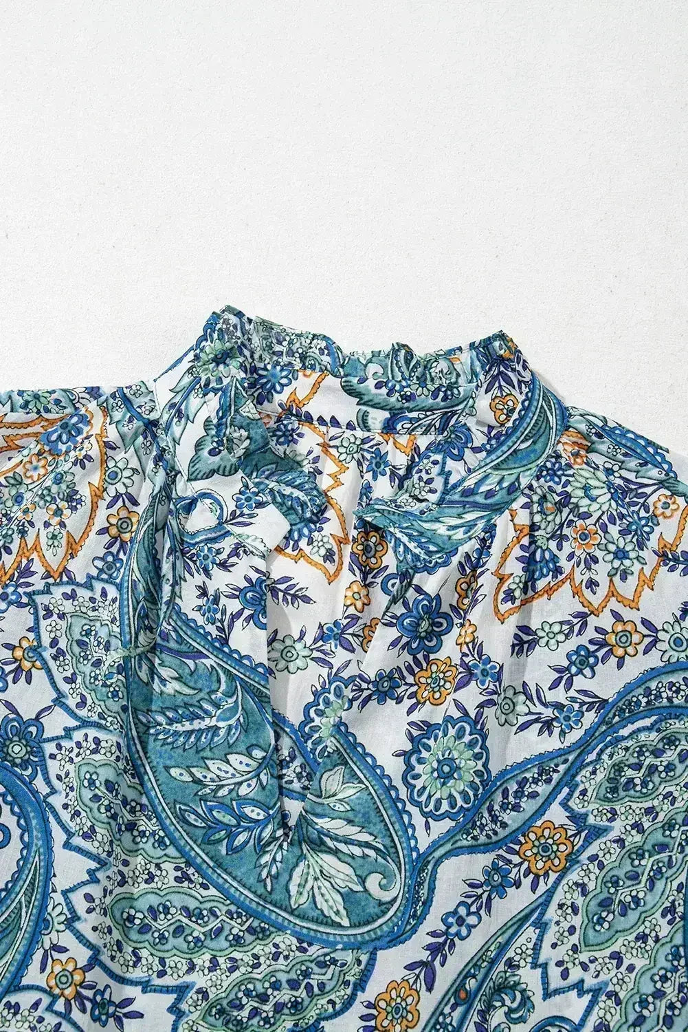 Blue Bohemian Paisley Floral V Neck Puff Sleeve Mini Dress - Femstylo