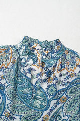 Blue Bohemian Paisley Floral V Neck Puff Sleeve Mini Dress - Femstylo